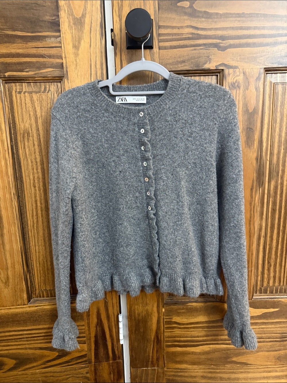 Zara Charcoal Gray Ruffle-Edge Button Cardigan